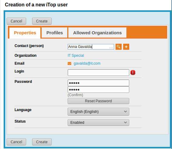 Creating a new iTop User Creating a new iTop User