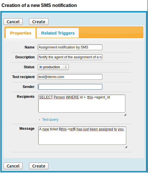 SMS Notification creation form