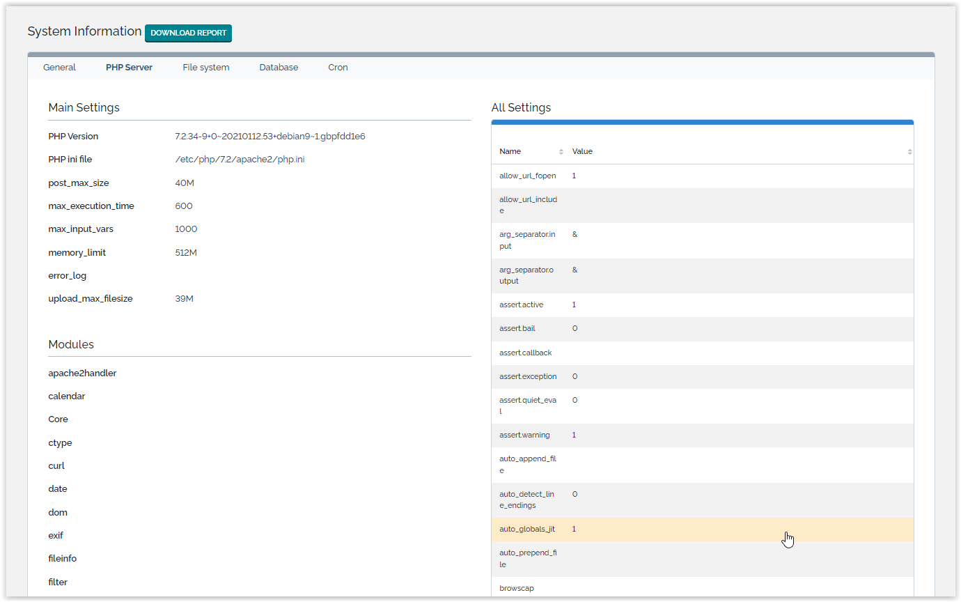  System Information PHP server tab