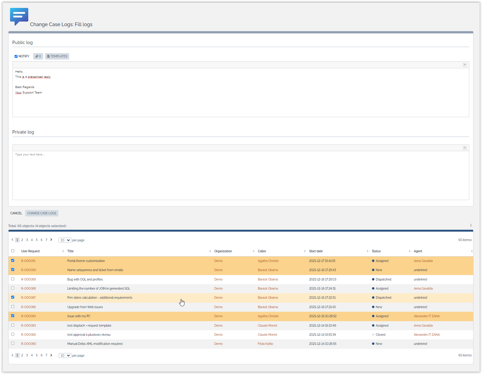 Fill case logs Fill case logs