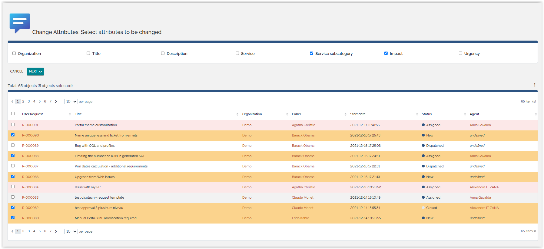Select attributes to be changed Select attributes to be changed