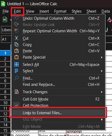 Menu Edit > Links to External files... Menu Edit > Links to External files...