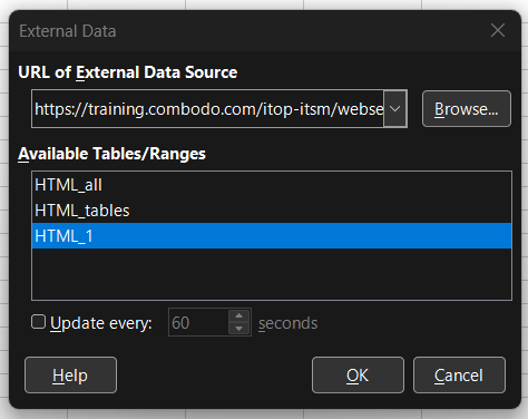 External data window with table choices External data window with table choices