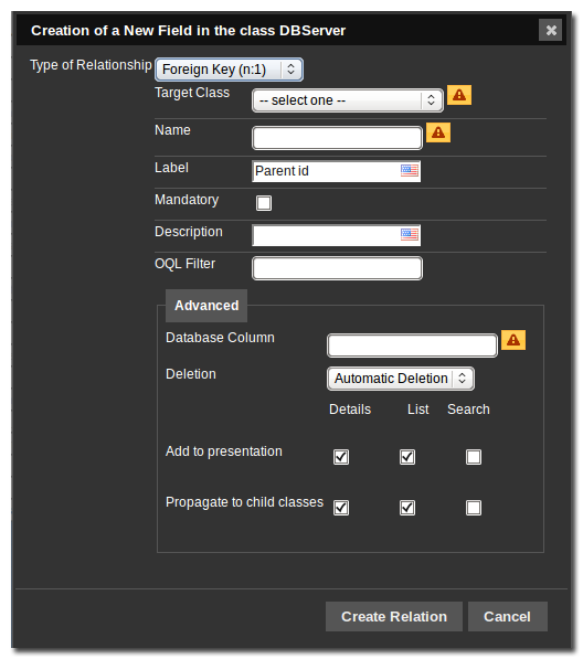 New Relation Dialog New Relation Dialog