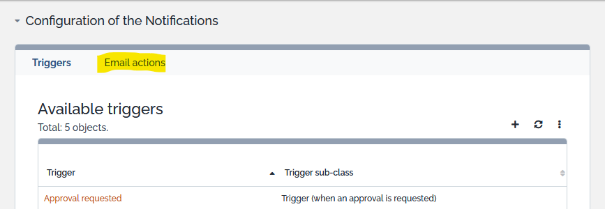 Email actions tab on Notifications Email actions tab on Notifications