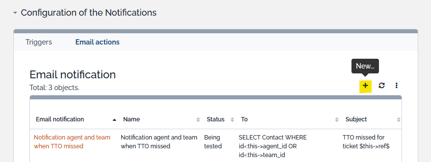 Email actions creation button Email actions creation button