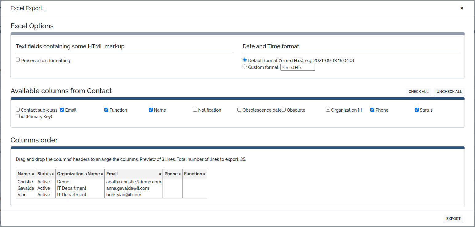 Excel Export options Excel Export options