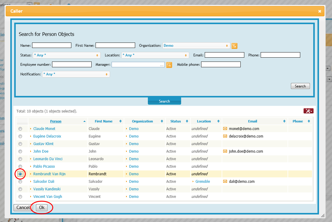 Popup dialog to search for Persons Popup dialog to search for Persons