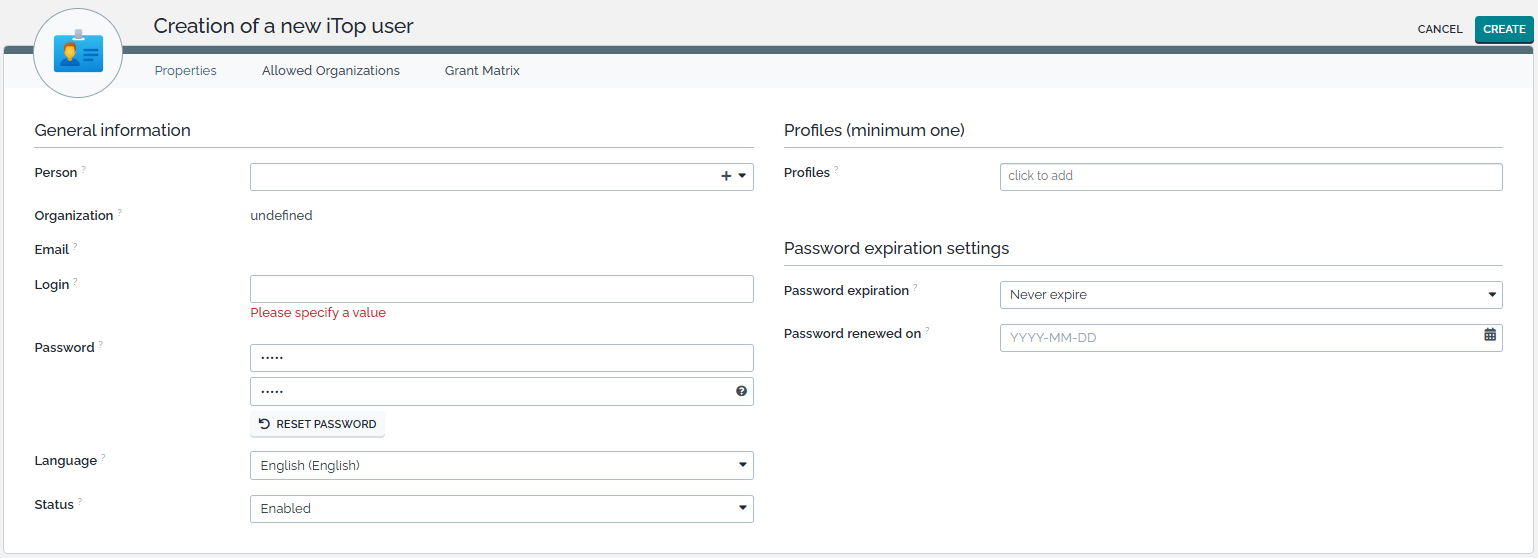 Creating a new iTop User Creating a new iTop User