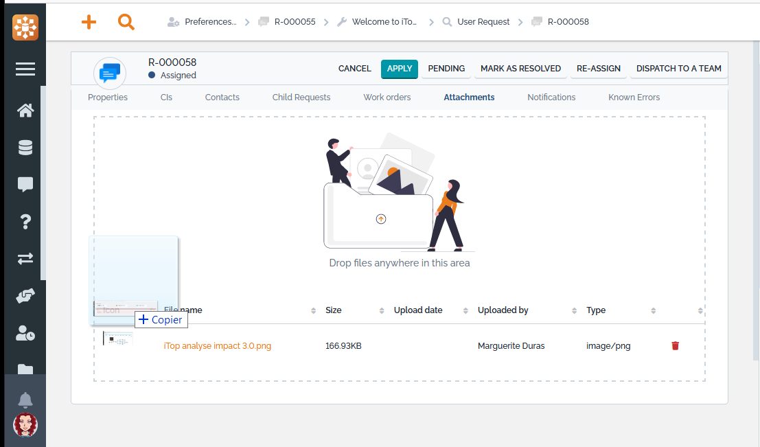 Dragging files over the "Attachments" tab Dragging files over the "Attachments" tab
