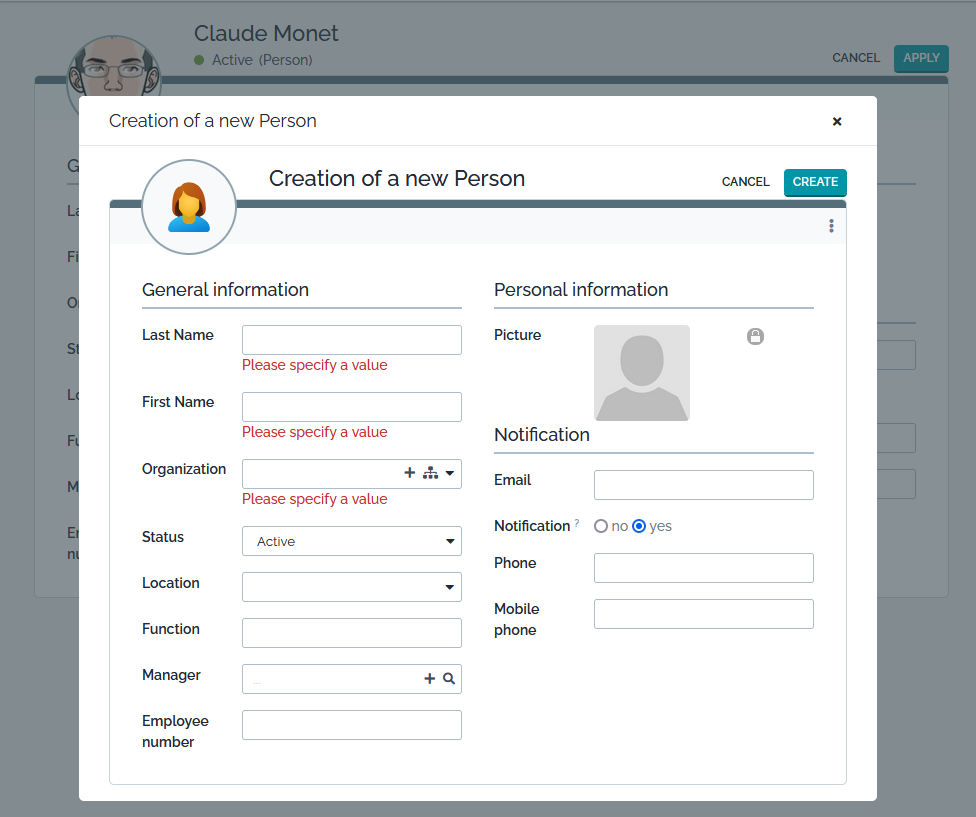 New Person Popup Dialog New Person Popup Dialog