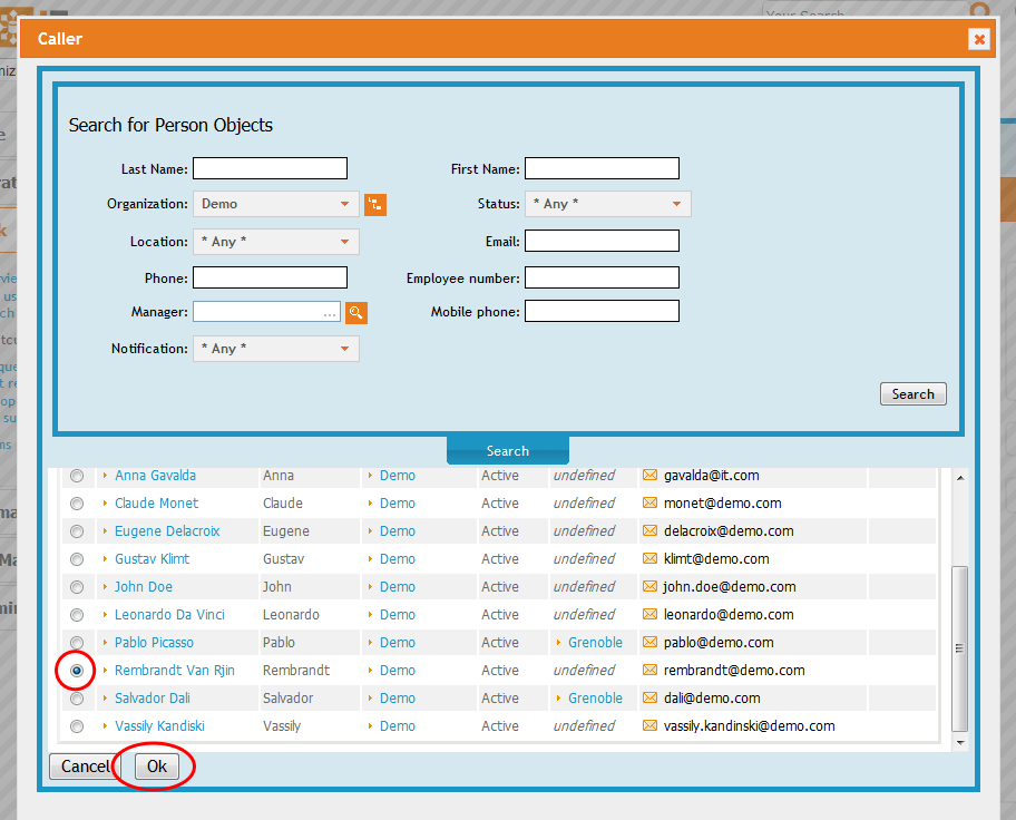 Popup dialog to search for Persons Popup dialog to search for Persons