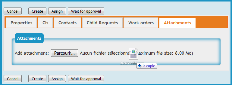 Dragging files over the "Attachments" tab Dragging files over the "Attachments" tab