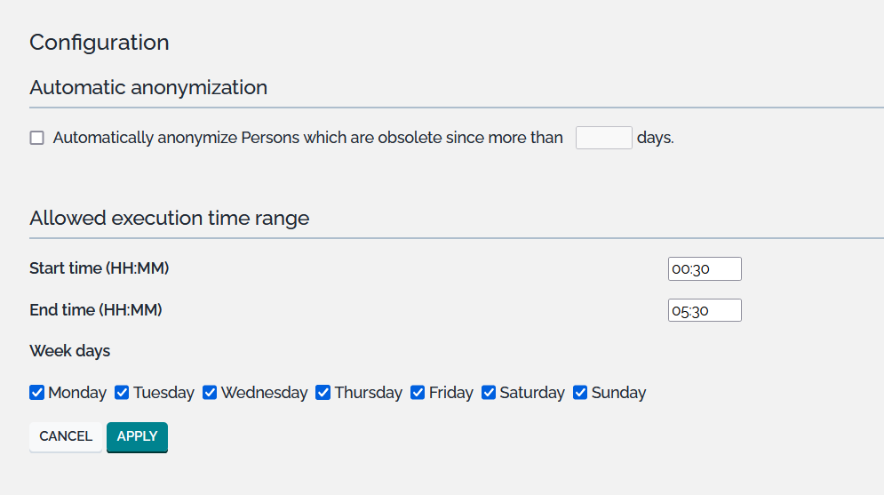 Configuration screen for the Automatic Anonymization Configuration screen for the Automatic Anonymization