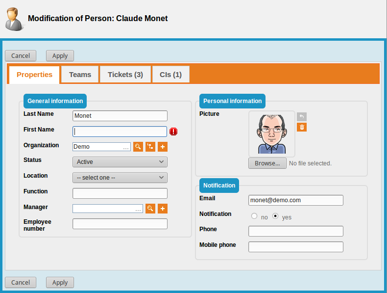 Form for modifying an Person Form for modifying an Person