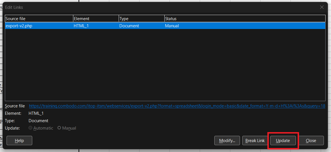 Edit Links window Edit Links window