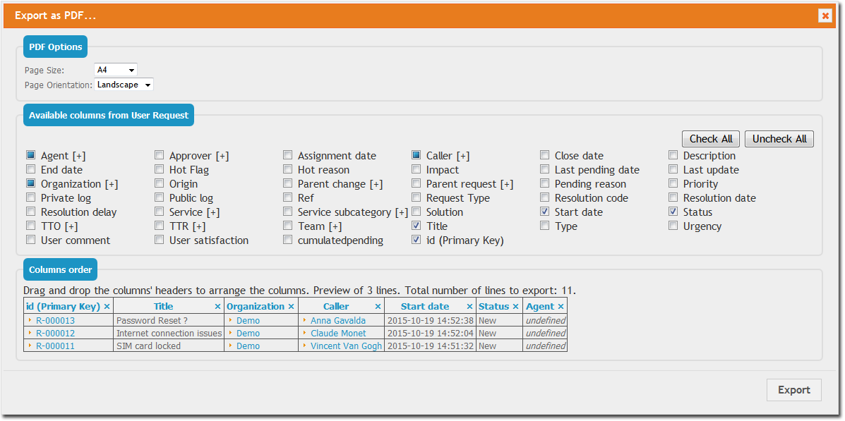 "Export as PDF..." configuration dialog "Export as PDF..." configuration dialog