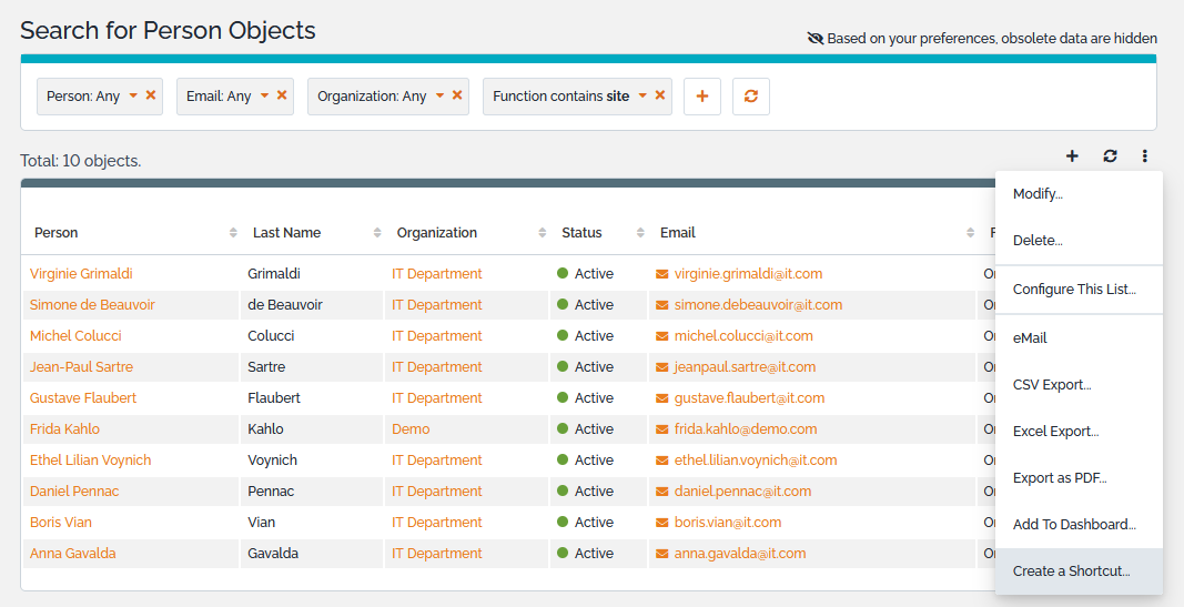 Shortcut on a filtered list Shortcut on a filtered list